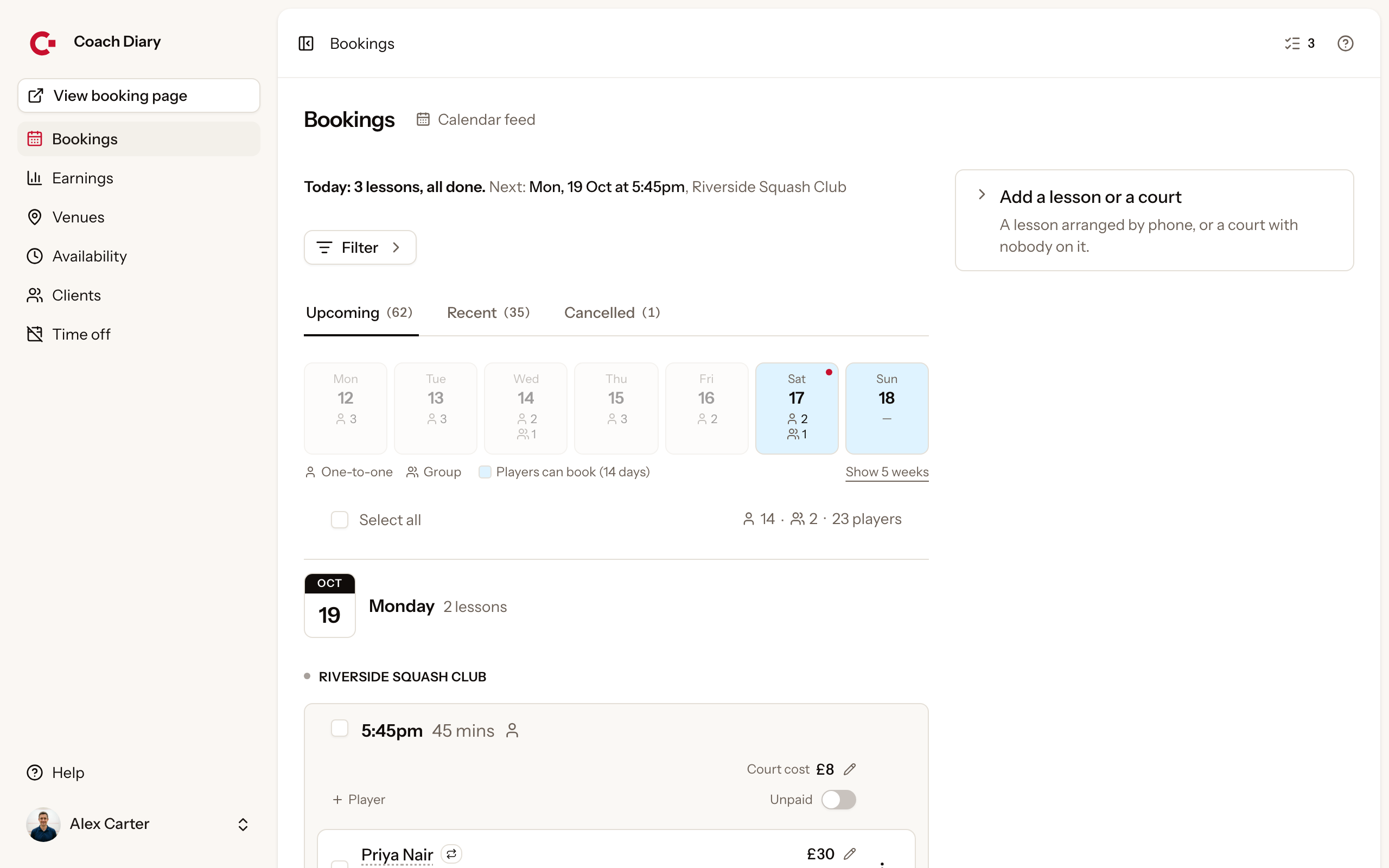 The Bookings page's Upcoming tab: the week at a glance, then each day's lessons with the player, the price and the court cost.